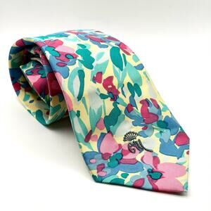 Vintage 90s Countess Mara Yellow Pink 100% Silk Pastel Floral Necktie